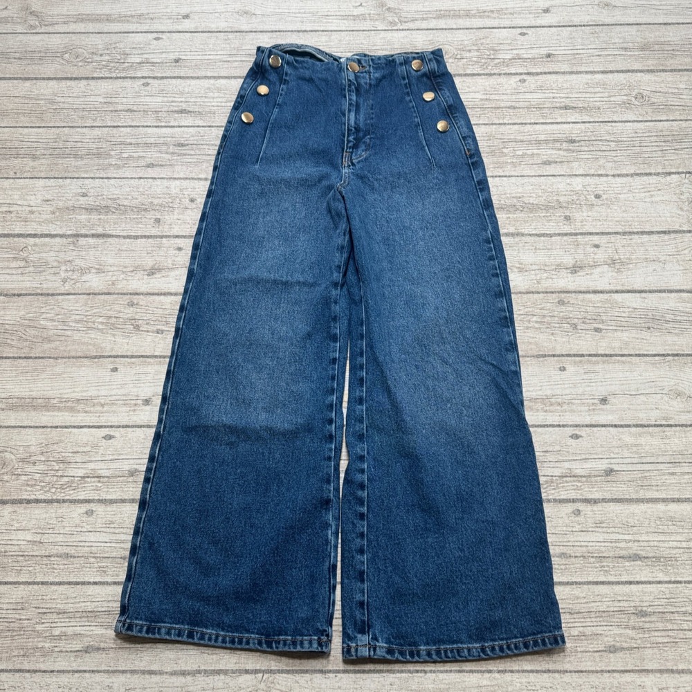 Zara Jeans Women's 2 Blue Denim Sailor Button High Rise Wide Leg Baggy Retro Y2K